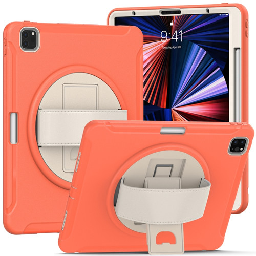 iPad Pro 12.9 2022 / 2021 360 Degree Rotation PC + TPU Protective Tablet Case with Holder & Hand-strap - Coral Orange
