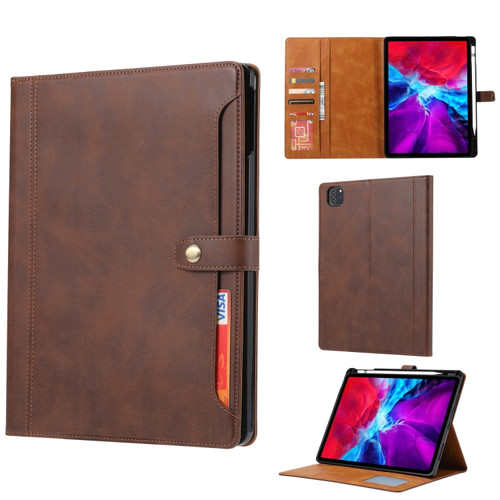 iPad Pro 12.9 2022 / 2021 / 2020 Calf Texture Double Fold Clasp Horizontal Flip Leather Tablet Case with Photo Frame & Holder & Card Slots & Wallet - Brown
