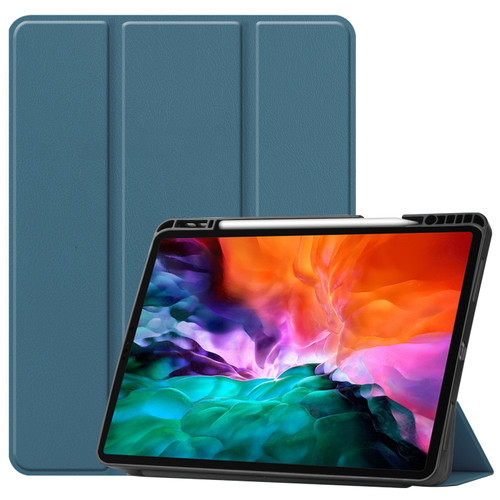 iPad Pro 12.9 2022 / 2021 Horizontal Flip Honeycomb TPU + PU Leather Tablet Case with Three-folding Holder & Sleep / Wake-up Function & Pen Slot - Dark Green