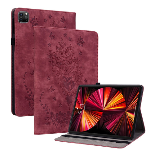 iPad Pro 11 2021 / Air 4 2020 Butterfly Rose Embossed Leather Smart Tablet Case - Red