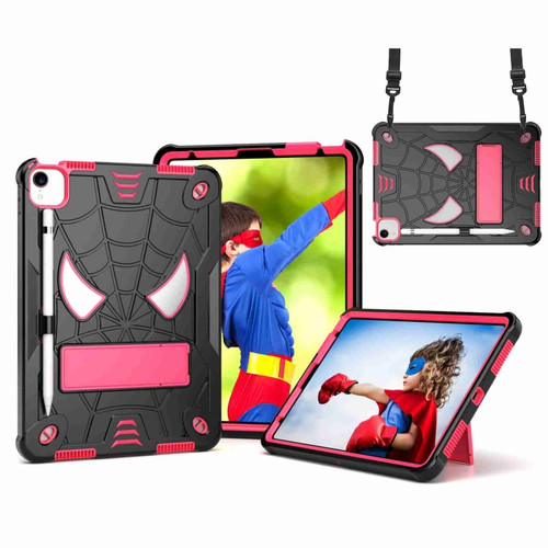 iPad Pro 11 2021 / Air 5 10.9 Spider Texture Silicone Hybrid PC Tablet Case with Shoulder Strap - Black + Rose Red