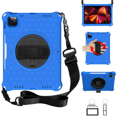 iPad Pro 11 2022 / 2021 / 2020 / 2018 360 Degree Rotation Honeycomb Shockproof Silicone PC Protective Tablet Case with Holder & Shoulder Strap & Hand Strap - Blue Black
