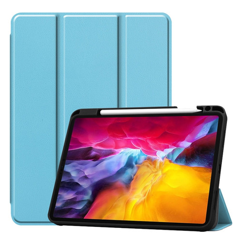iPad Pro 11 2022 / 2021 / 2020 ENKAY 3-Folding Shockproof TPU Cover Custer Texture PU Leather Tablet Case with Pencil Slot & Holder & Sleep / Wake-up Function - Light Blue