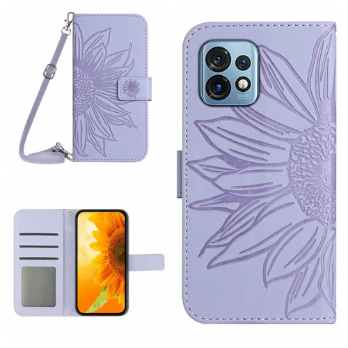 Motorola Edge+ 2023 HT04 Skin Feel Sun Flower Embossed Flip Leather Phone Case with Lanyard - Purple