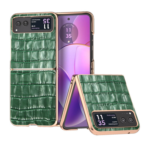 Motorola Razr 2023 Crocodile Texture Genuine Leather Electroplating Phone Case - Dark Green