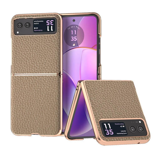 Motorola Razr 2023 Nano Electroplating Genuine Leather Litchi Texture Phone Case - Grey