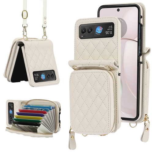 Motorola Razr 2023 Rhombic Texture Card Bag Phone Case with Dual Lanyard - White