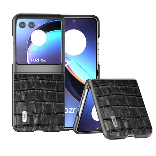 Motorola Razr+ 2023 ABEEL Crocodile Texture Genuine Leather Phone Case - Black