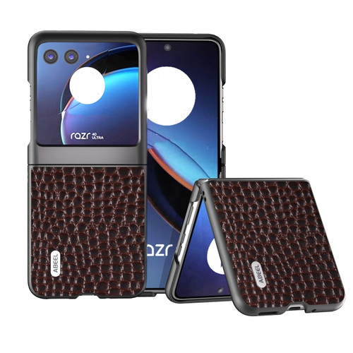 Motorola Razr+ 2023 ABEEL Genuine Leather Crocodile Pattern Black Edge Phone Case - Coffee