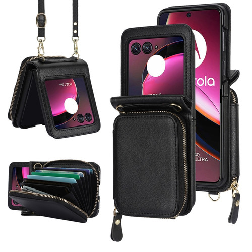 Motorola Razr+ 2023 Long and Short Lanyard Zipper Card Slot Foldable Phone Case - Black