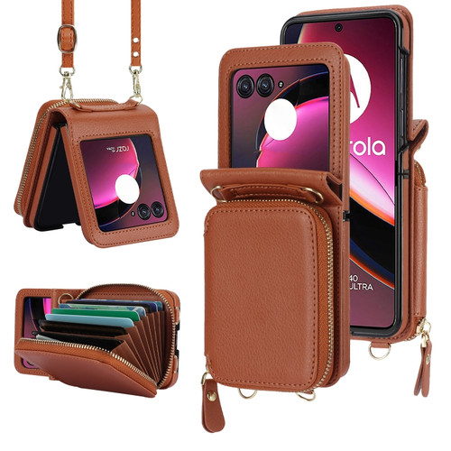 Motorola Razr+ 2023 Long and Short Lanyard Zipper Card Slot Foldable Phone Case - Brown