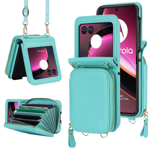 Motorola Razr+ 2023 Long and Short Lanyard Zipper Card Slot Foldable Phone Case - Mint Green