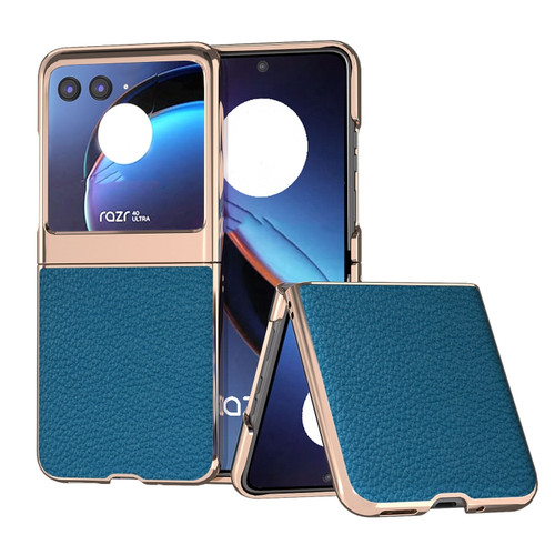 Motorola Razr+ 2023 Nano Electroplating Genuine Leather Litchi Texture Phone Case - Blue