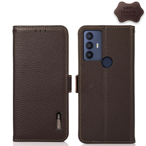 TCL 30 SE / 306 / 305 KHAZNEH Side-Magnetic Litchi Genuine Leather RFID Phone Case - Brown