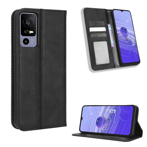 TCL 40 R 5G Magnetic Buckle Retro Texture Leather Phone Case - Black