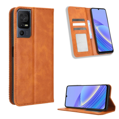 TCL 40 SE Magnetic Buckle Retro Texture Leather Phone Case - Brown