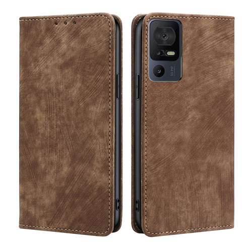 TCL 40 SE RFID Anti-theft Brush Magnetic Leather Phone Case - Brown