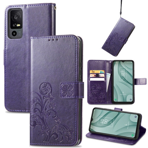 TCL 40 XE 5G Four-leaf Clasp Embossed Buckle Leather Phone Case - Purple