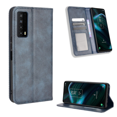 TCL Stylus 5G Magnetic Buckle Retro Texture Leather Phone Case - Blue