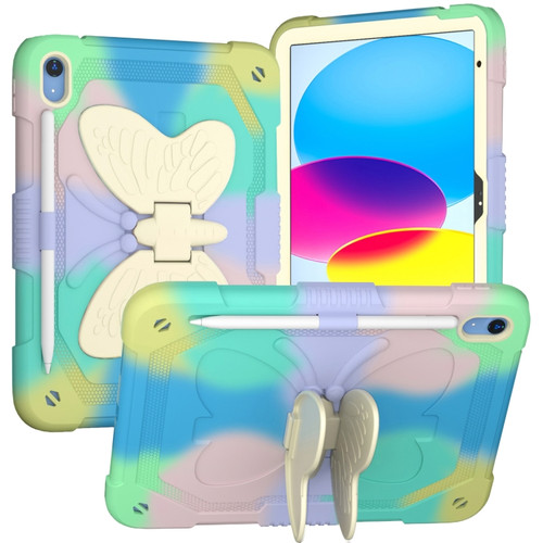 iPad 10th Gen 10.9 2022 Butterfly Kickstand Heavy Duty Hard Rugged Tablet Case - Colorful Green