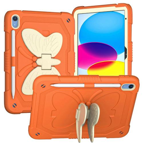 iPad 10th Gen 10.9 2022 Butterfly Kickstand Heavy Duty Hard Rugged Tablet Case - Gream Gold Orange