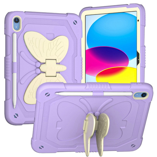 iPad 10th Gen 10.9 2022 Butterfly Kickstand Heavy Duty Hard Rugged Tablet Case - Gream Light Purple