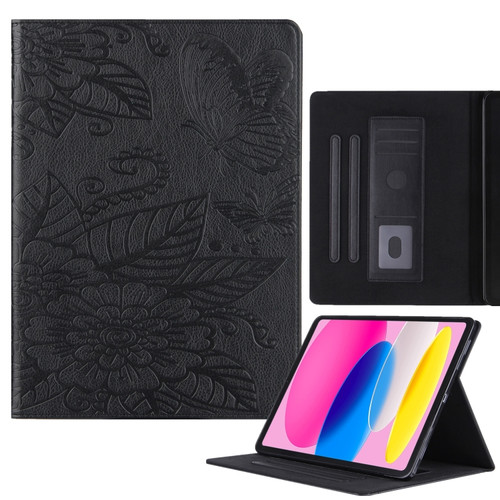 iPad 10th Gen 10.9 2022 Butterfly Love Flower Embossed Leather Smart Tablet Case - Black