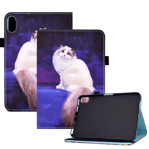 iPad 10th Gen 10.9 2022 Colored Drawing Stitching Elastic Band Smart Leather Tablet Case - White Cat