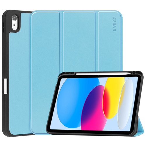 iPad 10th Gen 10.9 2022 ENKAY TPU Back Cover Smart Leather Stand Tablet Case with Pen Slot - Light Blue