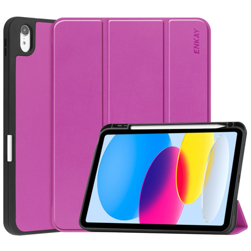 iPad 10th Gen 10.9 2022 ENKAY TPU Back Cover Smart Leather Stand Tablet Case with Pen Slot - Purple
