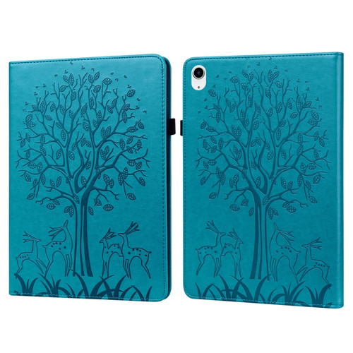 iPad 10th Gen 10.9 2022 Tree & Deer Embossed Leather Tablet Case - Blue