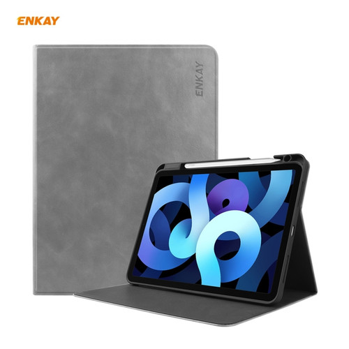ENKAY ENK-8024 Cow Texture PU Leather + TPU Smart Case with Pen Slot foriPad Air 2022 / 2020 10.9 / iPad Pro 11 - 2018 - Grey