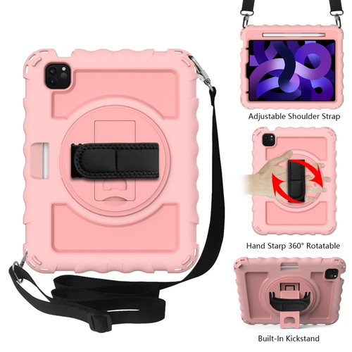 iPad Air 2022 / 2020 10.9 360 Degree Rotation PC + Silicone Shockproof Combination Case with Holder & Hand Grip Strap & Neck Strap & Pen Slot Holder - Rose Gold