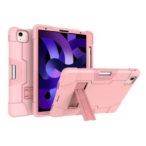 iPad Air 2022 / 2020 10.9 Contrast Color Robot Shockproof Silicon + PC Protective Case with Holder & Pen Slot - Rose Gold