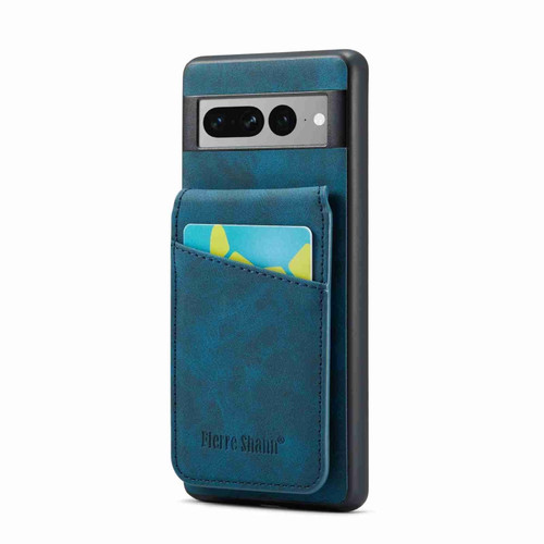 Google Pixel 7 Pro Fierre Shann Crazy Horse Card Holder Back Cover PU Phone Case - Blue