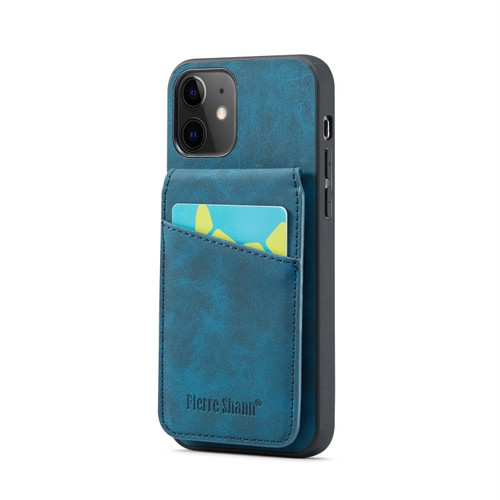 iPhone 11 Fierre Shann Crazy Horse Card Holder Back Cover PU Phone Case - Blue