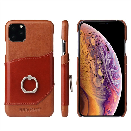iPhone 11 Fierre Shann Oil Wax Texture Genuine Leather Back Cover Case with 360 Degree Rotation Holder & Card Slot  - Brown