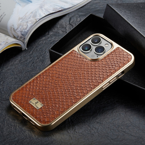 Fierre Shann Snake Texture Electroplating PU Phone Case iPhone 11 Pro Max - Brown