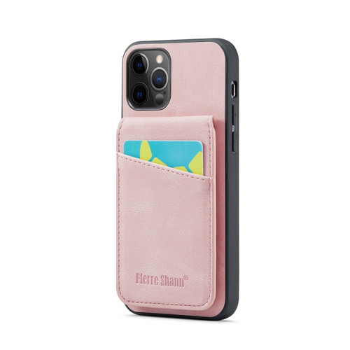iPhone 12 Pro Max Fierre Shann Crazy Horse Card Holder Back Cover PU Phone Case - Pink