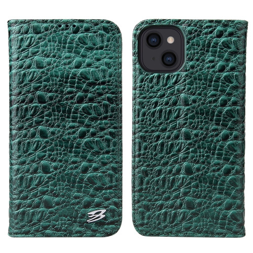iPhone 13 mini Fierre Shann Crocodile Texture Magnetic Horizontal Flip Genuine Leather Case with Holder & Card Slot  - Green
