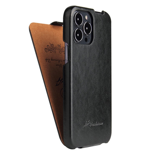 iPhone 13 mini Fierre Shann Retro Oil Wax Texture Vertical Flip PU Leather Case  - Black
