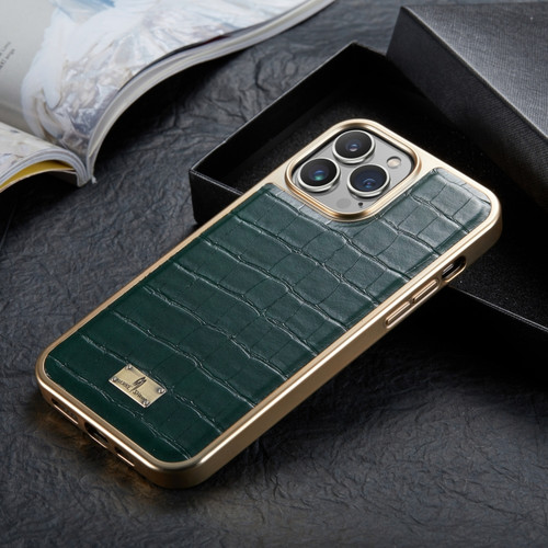 iPhone 13 Pro Fierre Shann Crocodile Texture Electroplating PU Phone Case  - Green