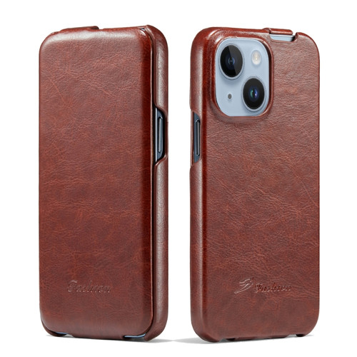 iPhone 14 Plus Fierre Shann Oil Wax Texture Vertical Flip PU Phone Case  - Brown