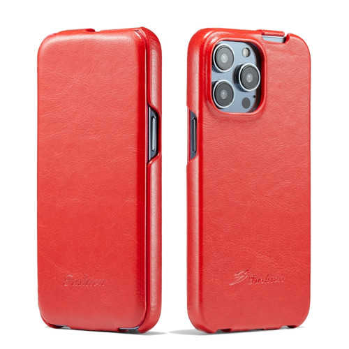 iPhone 14 Pro Fierre Shann Oil Wax Texture Vertical Flip PU Phone Case - Red iPhone 14 Pro Fierre Shann Oil Wax Texture Vertical Flip PU Phone Case - Red