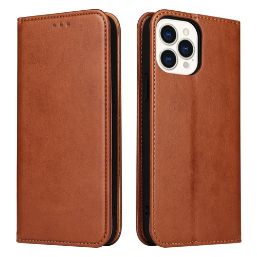 iPhone 14 Pro Fierre Shann PU Genuine Leather Texture Leather Phone Case - Brown