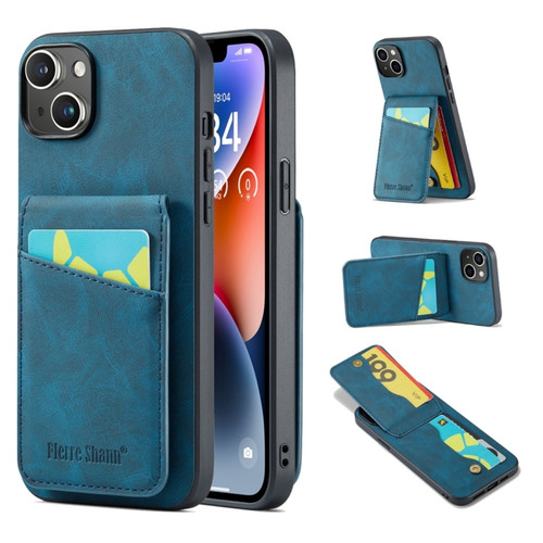 iPhone 15 Fierre Shann Crazy Horse Card Holder Back Cover PU Phone Case - Blue