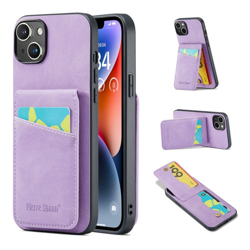 iPhone 15 Fierre Shann Crazy Horse Card Holder Back Cover PU Phone Case - Purple