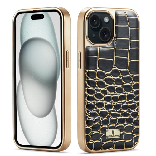 iPhone 15 Fierre Shann Crocodile Texture Electroplating PU Phone Case - Black