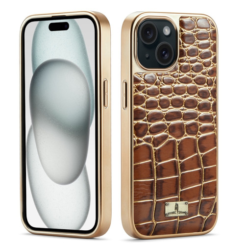 iPhone 15 Fierre Shann Crocodile Texture Electroplating PU Phone Case - Brown