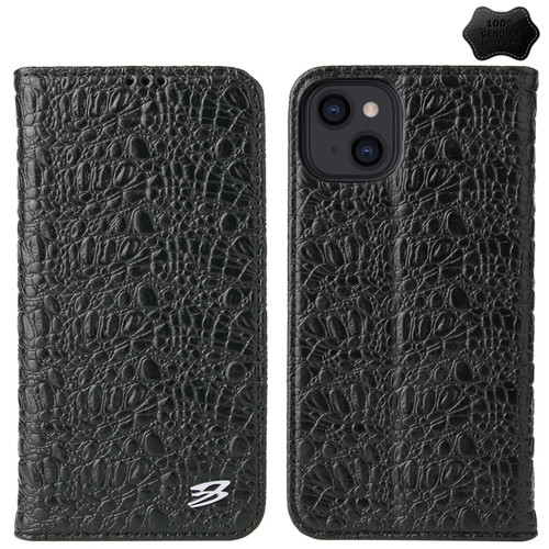 iPhone 15 Fierre Shann Crocodile Texture Magnetic Genuine Leather Phone Case - Black